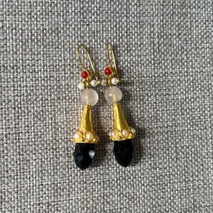 Gold Tone Drop Earrings with Black Gemstone or Glass Pearl & Red Crystal Accents
